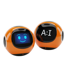 Two orange robots with screens isolated on transparent background
