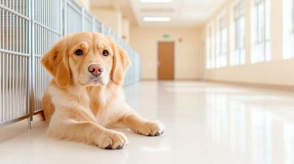 Golden retriever dog lying on floor in bright animal shelter hallway  