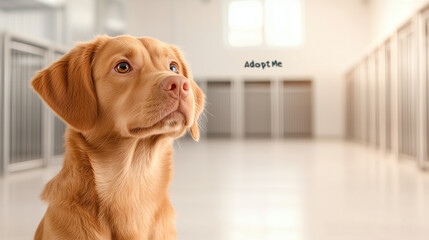 Golden retriever dog looking hopeful in animal shelter setting  