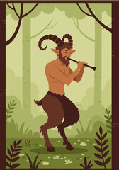 Fototapeta premium Stylized satyr with horns, goat legs and flute standing in forest clearing, cartoon silhouette. Flat vector illustration