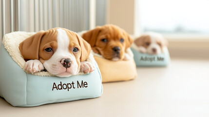 Three adorable puppies resting in beds labeled 'Adopt Me' indoors  