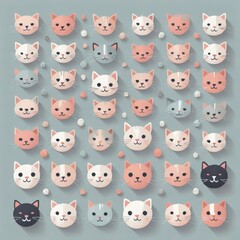 Obraz premium Array of colorful stylized cat faces with varying fur patterns set against a solid background with scattered small spheres