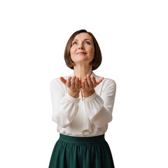 Woman with outstretched hands looking up isolated on transparent background