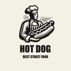 Black and white flat vector illustration of a chef in a hat holding a hot dog. Perfect logo for street food business, fast food stand, or food truck branding.