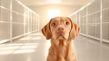 Dog looking up with sad expression in empty animal shelter  