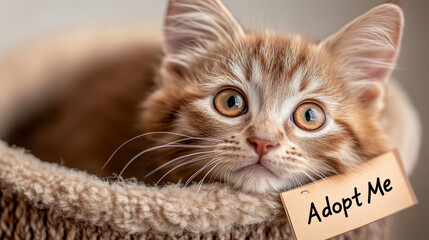 Orange kitten with big eyes resting in a cozy cat bed  