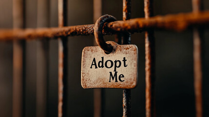 Adopt me sign hanging on rusty metal cage bars in animal shelter  