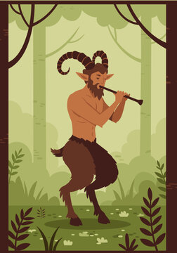 Stylized satyr with horns, goat legs and flute standing in forest clearing, cartoon silhouette. Flat vector illustration