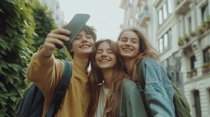 Three cheerful students with backpacks are taking a selfie with a smartphone in a city street, enjoying their time together during back to school