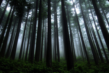 Obraz premium Dense pine forest shrouded in fog creates a mystical atmosphere