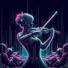 Futuristic violinist performing with robotic arms in a neon-themed orchestral setting