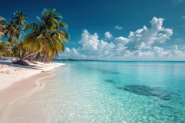 Naklejka premium Tropical beach with palm trees turquoise water and blue sky with clouds.