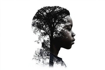 Double exposure portrait blends boy's profile with tree landscape