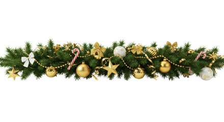 Lush green horizontal christmas garland with sparkling gold and white baubles, stars, shiny gold beaded garlands, elegant white and gold bows, and striped candy canes, isolated on white with glitter.