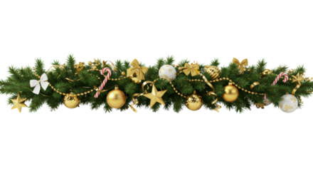 Lush green horizontal christmas garland with sparkling gold and white baubles, stars, shiny gold beaded garlands, elegant white and gold bows, and striped candy canes, isolated on white with glitter.