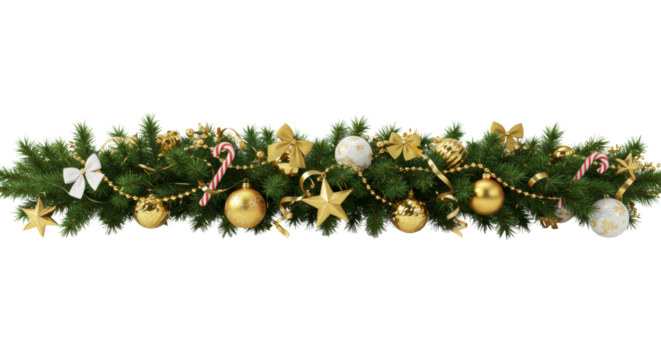 Lush green horizontal christmas garland with sparkling gold and white baubles, stars, shiny gold beaded garlands, elegant white and gold bows, and striped candy canes, isolated on white with glitter.