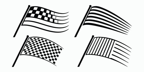 Waving racing flag set. Vector icons with checkered and striped patterns for motorsport, competition, and victory concepts.