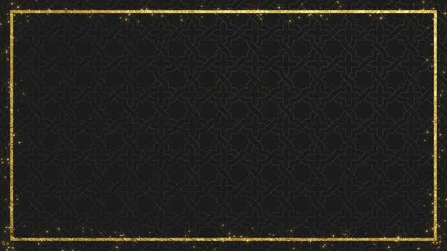 abstract golden border frame on dark pattern with glitter stars animation, oriental decorative ornamental luxury social media motion background	