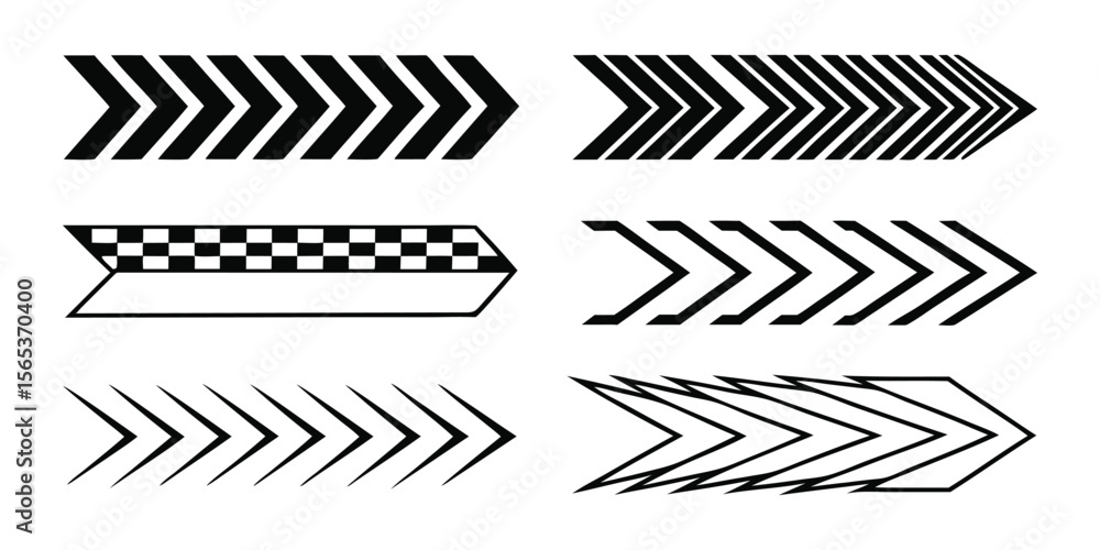 Poster striped racing arrow set. abstract vector graphics with checkered patterns for motorsport decals, st