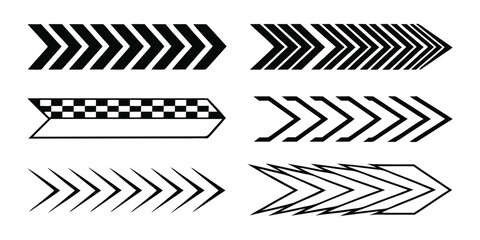 Striped racing arrow set. Abstract vector graphics with checkered patterns for motorsport decals, stickers, or logos.