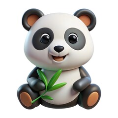 Cute cartoon panda bear holding a bamboo branch isolated on white background