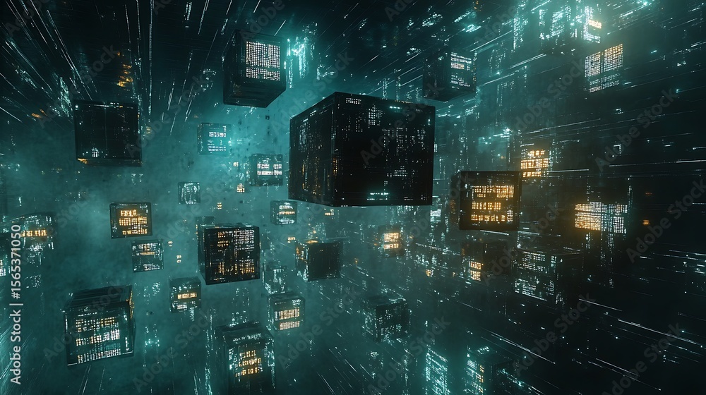 Poster floating cubes with illuminated patterns in a futuristic teal and black abstract space scene