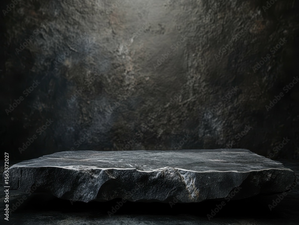 Poster high detail visual of a dark stone platform sits in front of a dark textured background. the platfor