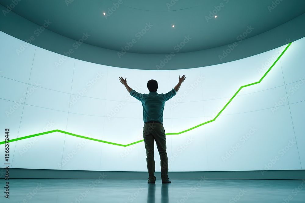 Poster presenter gestures positively at a curved screen displaying an upward trend in a modern room