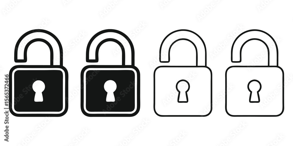 Poster unlock padlock icon set. open lock symbols in solid and outline styles. vector graphics for web, ui,