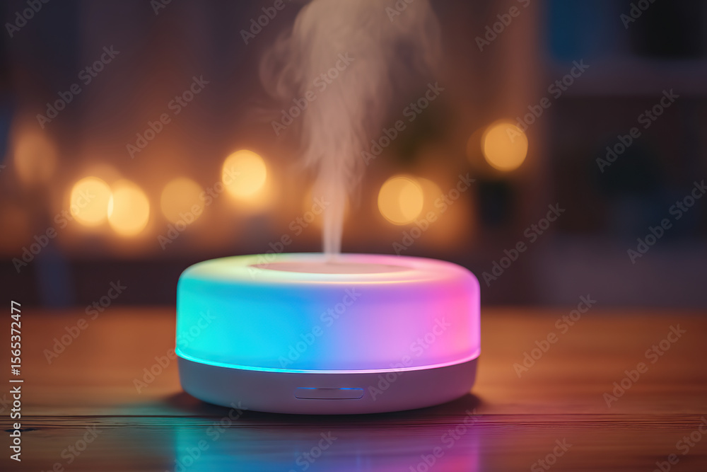 Poster diffuser creating a calming atmosphere with ambient light and aromatic mist in a cozy setting