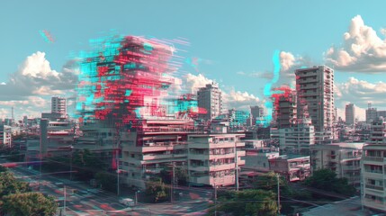 A city skyline with a digitally altered, glitch effect building.