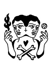 Two-headed figure with symbolic objects, representing duality and choice