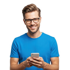Smiling man using smartphone isolated on transparent background