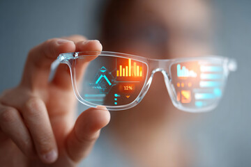 Glasses display augmented reality interface with startup metrics and data analytics visuals