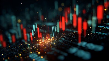 Abstract financial chart with red and blue bars and glowing particles in the foreground