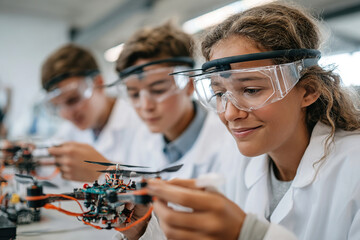 Students experimenting with drones using neural headbands in a technology lab setting