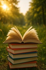 Stack of colorful books with an open book at the top in a sunlit outdoor setting