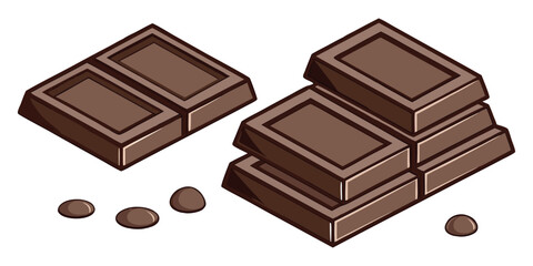 Milk chocolate bar pieces and chunks. Sweet dessert ingredient for packaging or recipe illustrations. Realistic vector set.