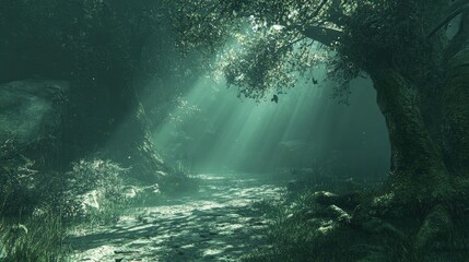 Fototapeta premium A mystical, sunlit forest path through dense foliage.