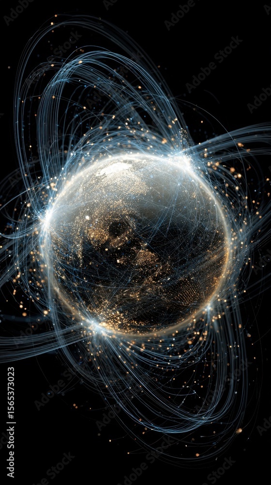 Poster an abstract image of a 3d globe encompassed by luminous lines and nodes representing the intricate w