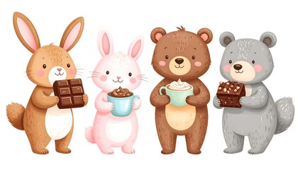 Cute cartoon baby bunny with Easter eggs and a teddy bear