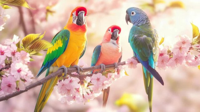 A group of parakeets perched together on a branch amidst blooming pink flowers, showcasing their vibrant plumage and natural social behavior.