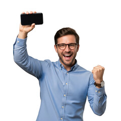 Excited man holding smartphone isolated on transparent background