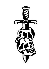 Stylized dagger piercing two skulls. Gothic, dark, symbolic illustration