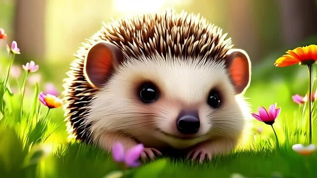 Cute hedgehog exploring wildflowers in meadow