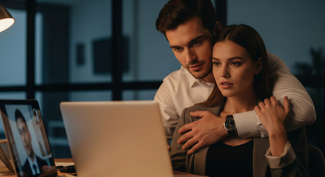 Colleagues working on laptop, communicating via video call in the evening close-up. Man hugging woman, office romance, cheating at work