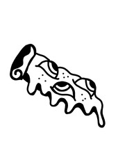 Quirky pizza slice with melting cheese and several watchful eyes. Fun food art