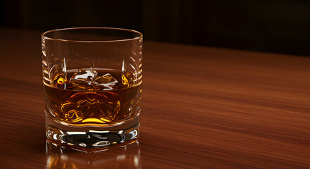 Whiskey glass on mahogany bar counter
