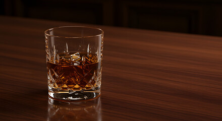 Whiskey glass on mahogany bar counter