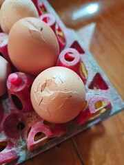 cracked egg on egg tray or basket